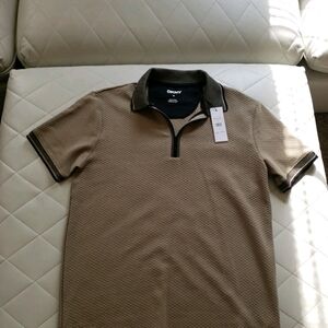 Men DKNY Tan Polo Shirt With Contrasting Trim And Zipper Closure